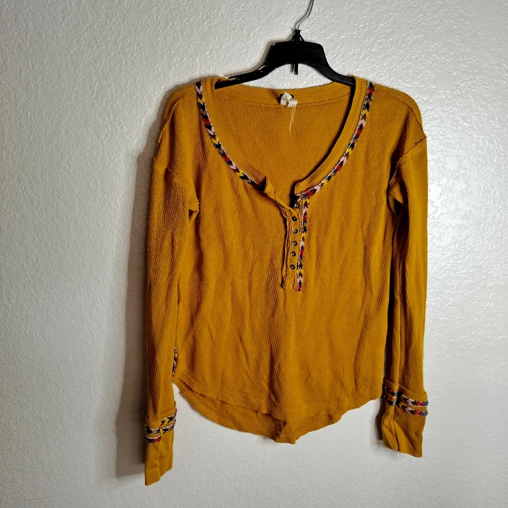 Free People We The Free Mustard Yellow Rainbow Embellished Thermal Top Sz S